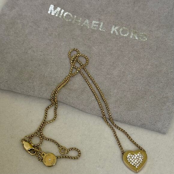 Michael Kors Logo Mini Pave Heart Gold Tone Necklace 16-18 Inches Sits at Collar - Picture 1 of 8